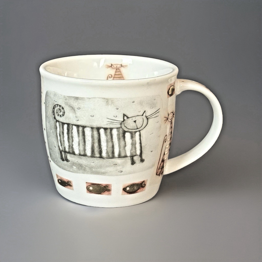 Stokes Kitty Cat Metallic Porcelain Mug W/Flowers & Fish